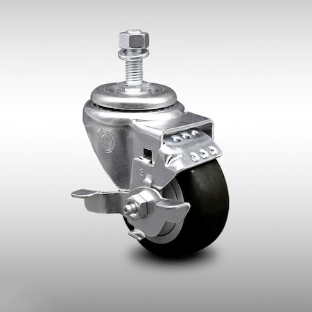 Service Caster 3.5 Inch SS Black Polyurethane Swivel 12mm Threaded Stem Caster with Brake SCC-SSTS20S3514-PPUB-BLK-TLB-M1215